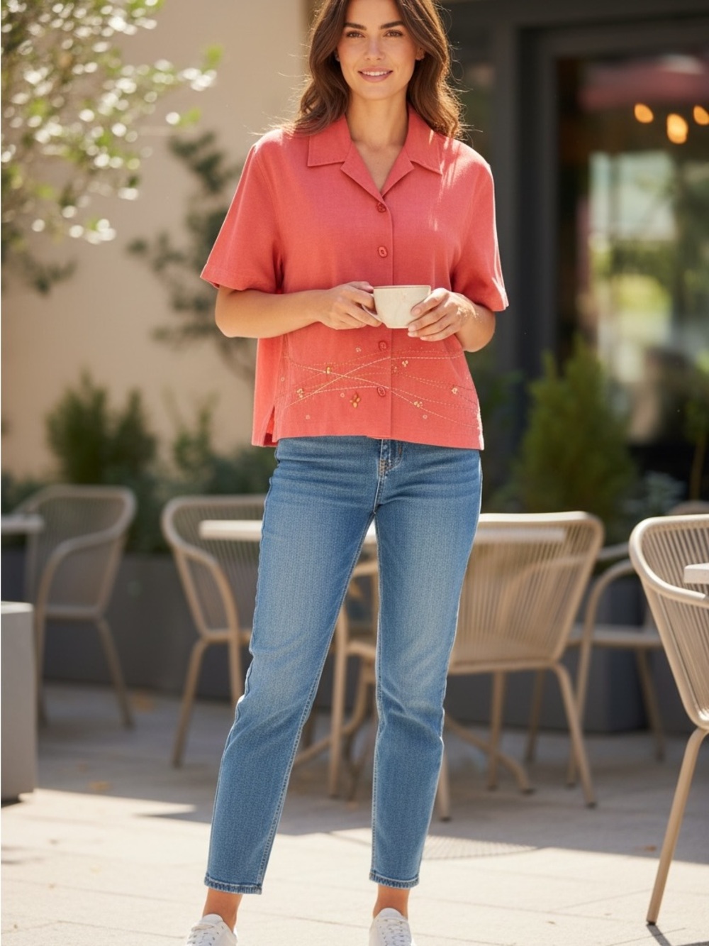 Napa Valley Petites Blouse Women M Coral Linen Blend Embroidered Button Front